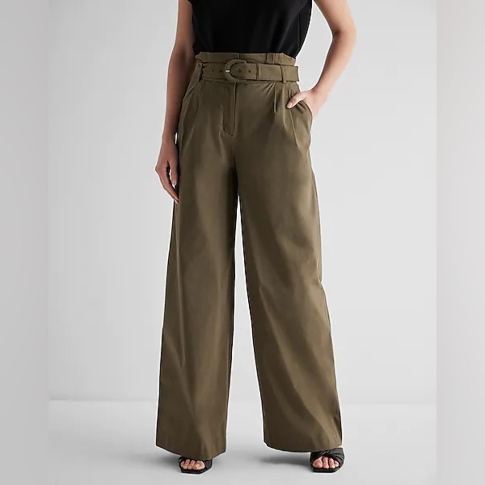 Super High Waisted Belted Paperbag Wide Leg Pant in Komodo